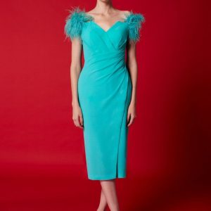 Vestido Midi Bardot con Plumas