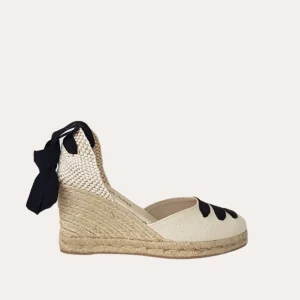 Alpargatas Cuña Alta Textil Crudo Cintas Negras